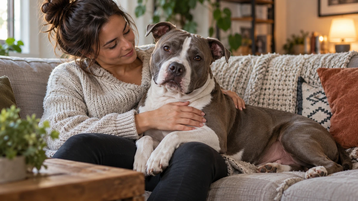 American Staffordshire köpek — sahibinin kucağında