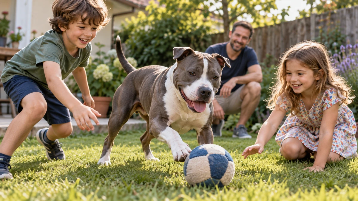 American Staffordshire köpek — çocuklarla oyun