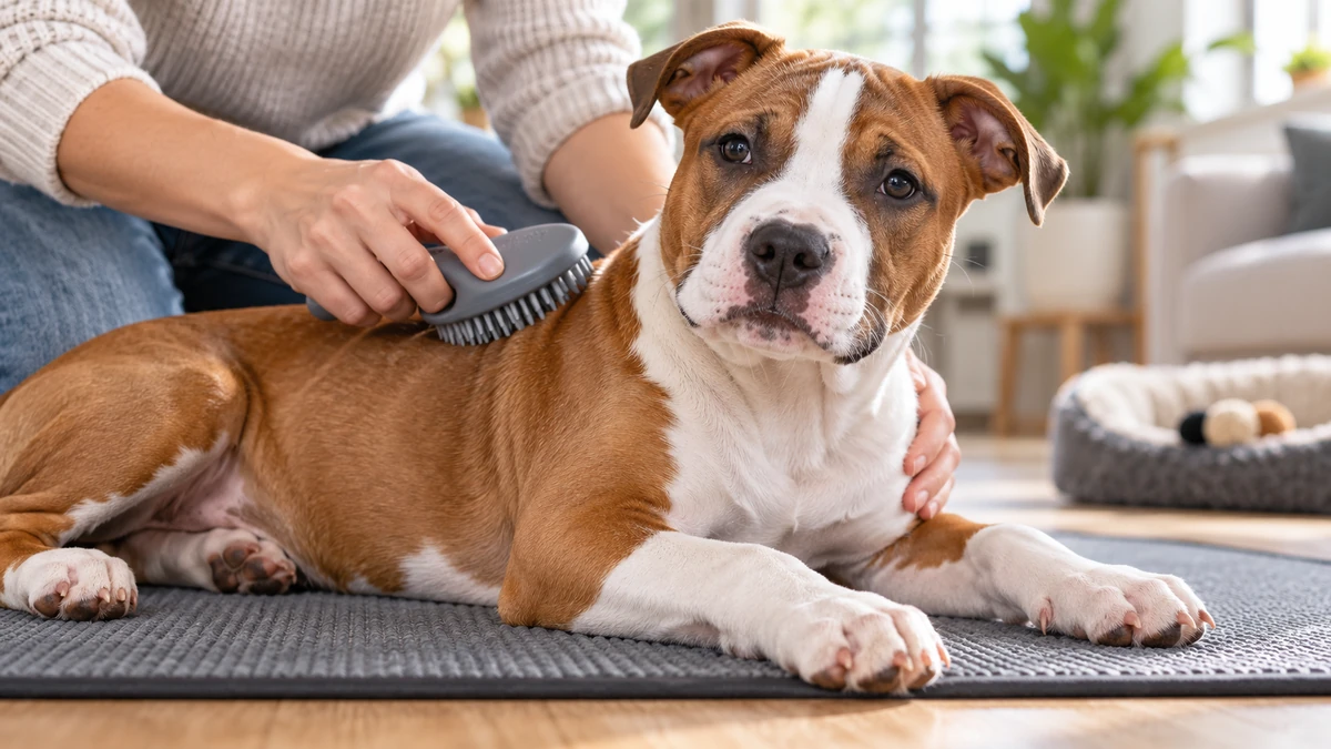 American Staffordshire yavru köpek — tüy bakımı ve fırçalama