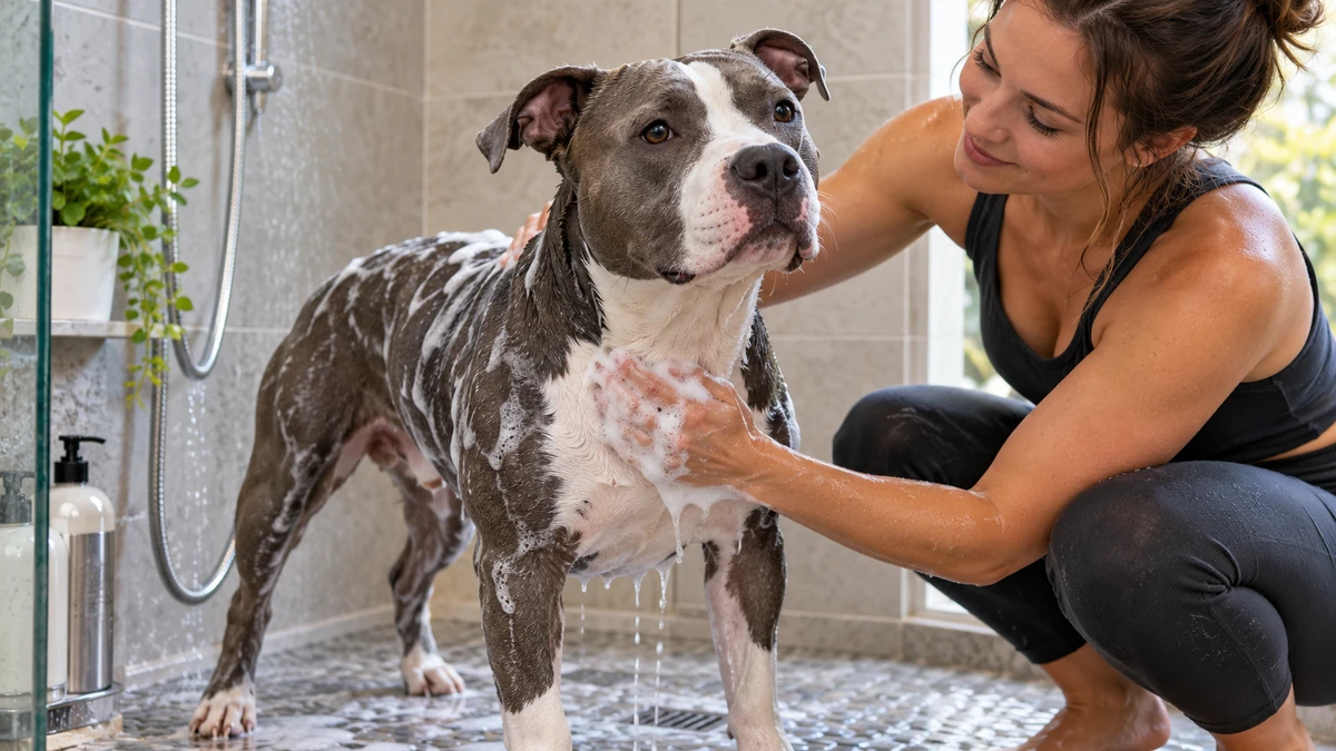 American Staffordshire köpek — banyo ve temizlik